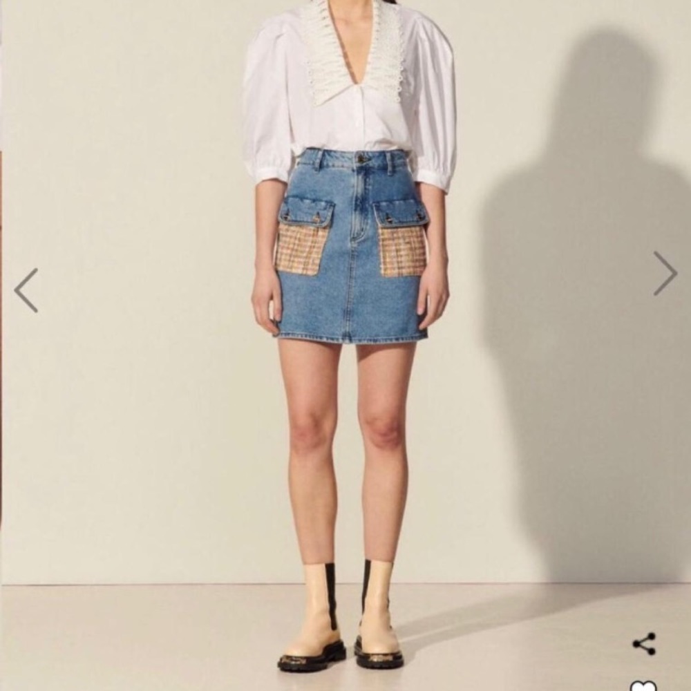 Sandro denim skirt with tweed pockets